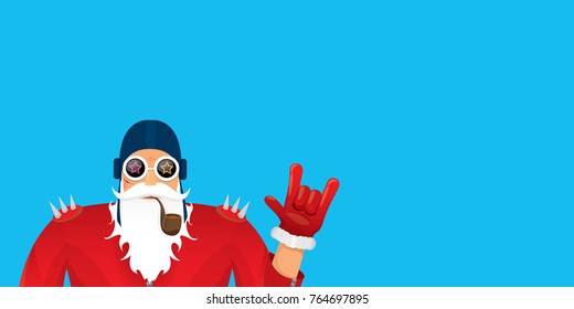 vector DJ rock n roll santa claus with smoking pipe, santa beard and funky santa hat isolated on blue horizontal background. Horizontal Christmas hipster party poster, banner or greeting card. 