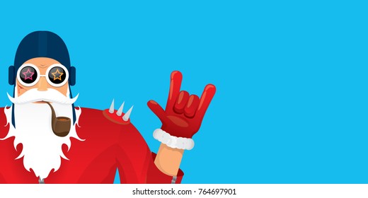 vector DJ rock n roll santa claus with smoking pipe, santa beard and funky santa hat isolated on blue horizontal background. Horizontal Christmas hipster party poster, banner or greeting card. 