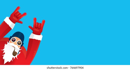 vector DJ rock n roll santa claus with smoking pipe, santa beard and funky santa hat isolated on blue horizontal background. Horizontal Christmas hipster party poster, banner or greeting card. 