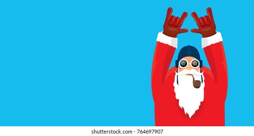 vector DJ rock n roll santa claus with smoking pipe, santa beard and funky santa hat isolated on blue horizontal background. Horizontal Christmas hipster party poster, banner or greeting card. 