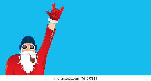 vector DJ rock n roll santa claus with smoking pipe, santa beard and funky santa hat isolated on blue horizontal background. Horizontal Christmas hipster party poster, banner or greeting card. 