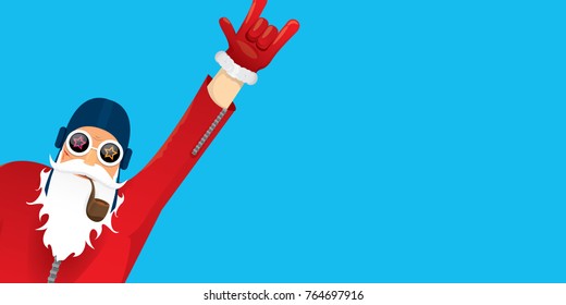 vector DJ rock n roll santa claus with smoking pipe, santa beard and funky santa hat isolated on blue horizontal background. Horizontal Christmas hipster party poster, banner or greeting card. 