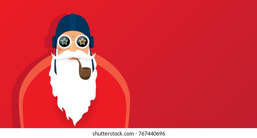 vector DJ rock n roll santa claus with smoking pipe, santa beard and funky santa hat isolated on red christmas horizontal background. Horizontal Christmas hipster party poster, banner or card.
