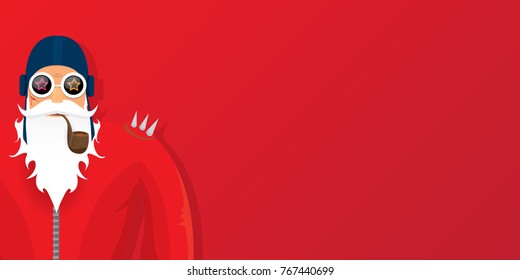 vector DJ rock n roll santa claus with smoking pipe, santa beard and funky santa hat isolated on red christmas horizontal background. Horizontal Christmas hipster party poster, banner or card.
