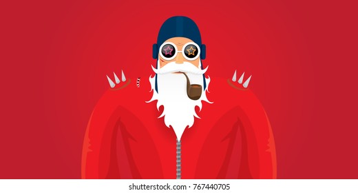 vector DJ rock n roll santa claus with smoking pipe, santa beard and funky santa hat isolated on red christmas horizontal background. Horizontal Christmas hipster party poster, banner or card.
