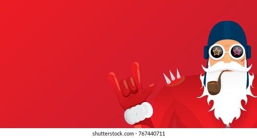 vector DJ rock n roll santa claus with smoking pipe, santa beard and funky santa hat isolated on red christmas horizontal background. Horizontal Christmas hipster party poster, banner or card.
