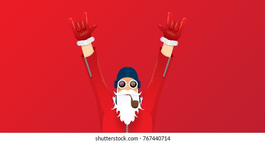 vector DJ rock n roll santa claus with smoking pipe, santa beard and funky santa hat isolated on red christmas horizontal background. Horizontal Christmas hipster party poster, banner or card.
