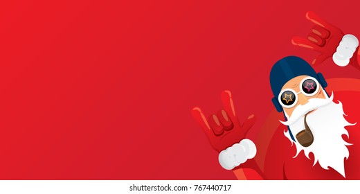 vector DJ rock n roll santa claus with smoking pipe, santa beard and funky santa hat isolated on red christmas horizontal background. Horizontal Christmas hipster party poster, banner or card.
