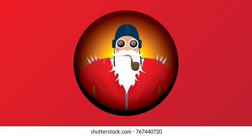 vector DJ rock n roll santa claus with smoking pipe, santa beard and funky santa hat isolated on red christmas horizontal background. Horizontal Christmas hipster party poster, banner or card.
