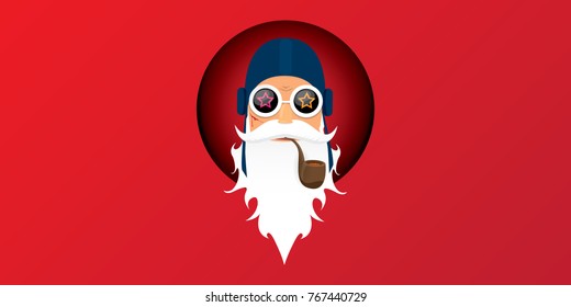 vector DJ rock n roll santa claus with smoking pipe, santa beard and funky santa hat isolated on red christmas horizontal background. Horizontal Christmas hipster party poster, banner or card.
