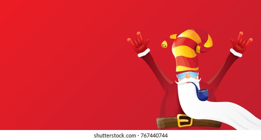 vector DJ rock n roll santa claus with smoking pipe, santa beard and funky santa hat isolated on red christmas horizontal background. Horizontal Christmas hipster party poster, banner or card.
