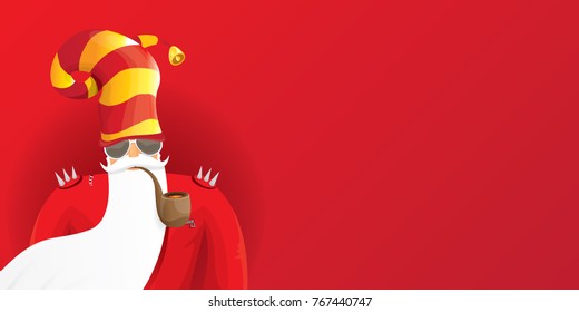 vector DJ rock n roll santa claus with smoking pipe, santa beard and funky santa hat isolated on red christmas horizontal background. Horizontal Christmas hipster party poster, banner or card.

