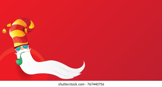 vector DJ rock n roll santa claus with smoking pipe, santa beard and funky santa hat isolated on red christmas horizontal background. Horizontal Christmas hipster party poster, banner or card.
