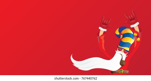 vector DJ rock n roll santa claus with smoking pipe, santa beard and funky santa hat isolated on red christmas horizontal background. Horizontal Christmas hipster party poster, banner or card.
