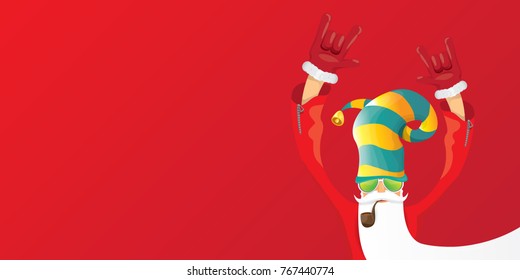 vector DJ rock n roll santa claus with smoking pipe, santa beard and funky santa hat isolated on red christmas horizontal background. Horizontal Christmas hipster party poster, banner or card.
