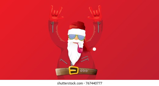 vector DJ rock n roll santa claus with smoking pipe, santa beard and funky santa hat isolated on red christmas horizontal background. Horizontal Christmas hipster party poster, banner or card.
