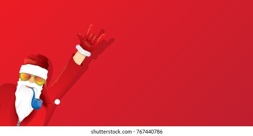 vector DJ rock n roll santa claus with smoking pipe, santa beard and funky santa hat isolated on red christmas horizontal background. Horizontal Christmas hipster party poster, banner or card.
