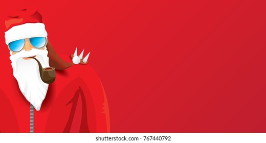 vector DJ rock n roll santa claus with smoking pipe, santa beard and funky santa hat isolated on red christmas horizontal background. Horizontal Christmas hipster party poster, banner or card.
