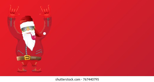 vector DJ rock n roll santa claus with smoking pipe, santa beard and funky santa hat isolated on red christmas horizontal background. Horizontal Christmas hipster party poster, banner or card.
