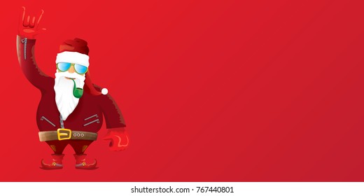 vector DJ rock n roll santa claus with smoking pipe, santa beard and funky santa hat isolated on red christmas horizontal background. Horizontal Christmas hipster party poster, banner or card.
