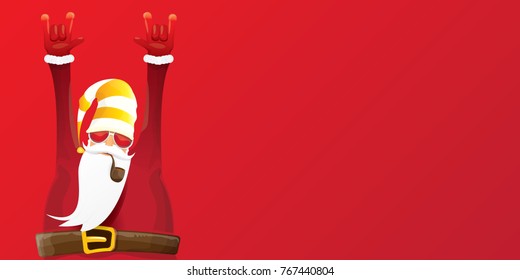 vector DJ rock n roll santa claus with smoking pipe, santa beard and funky santa hat isolated on red christmas horizontal background. Horizontal Christmas hipster party poster, banner or card.
