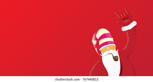 vector DJ rock n roll santa claus with smoking pipe, santa beard and funky santa hat isolated on red christmas horizontal background. Horizontal Christmas hipster party poster, banner or card.

