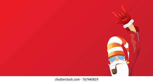 vector DJ rock n roll santa claus with smoking pipe, santa beard and funky santa hat isolated on red christmas horizontal background. Horizontal Christmas hipster party poster, banner or card.
