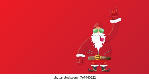 vector DJ rock n roll santa claus with smoking pipe, santa beard and funky santa hat isolated on red christmas horizontal background. Horizontal Christmas hipster party poster, banner or card.
