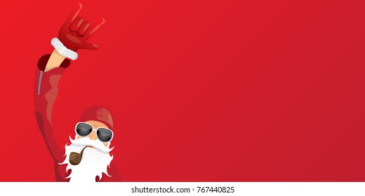 vector DJ rock n roll santa claus with smoking pipe, santa beard and funky santa hat isolated on red christmas horizontal background. Horizontal Christmas hipster party poster, banner or card.
