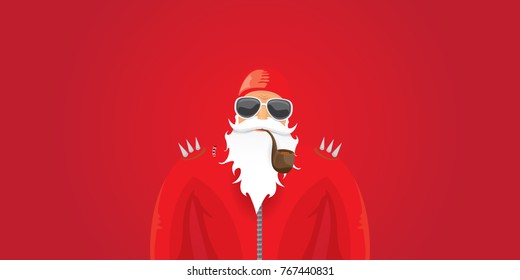 vector DJ rock n roll santa claus with smoking pipe, santa beard and funky santa hat isolated on red christmas horizontal background. Horizontal Christmas hipster party poster, banner or card.
