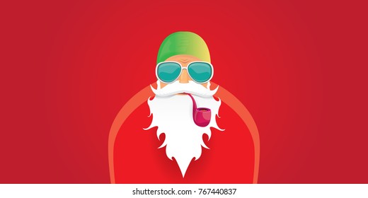 vector DJ rock n roll santa claus with smoking pipe, santa beard and funky santa hat isolated on red christmas horizontal background. Horizontal Christmas hipster party poster, banner or card.
