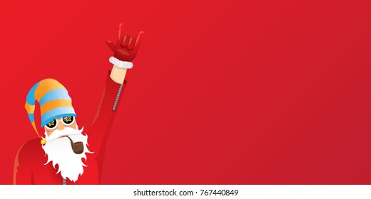 vector DJ rock n roll santa claus with smoking pipe, santa beard and funky santa hat isolated on red christmas horizontal background. Horizontal Christmas hipster party poster, banner or card.
