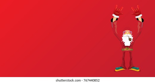 vector DJ rock n roll santa claus with smoking pipe, santa beard and funky santa hat isolated on red christmas horizontal background. Horizontal Christmas hipster party poster, banner or card.
