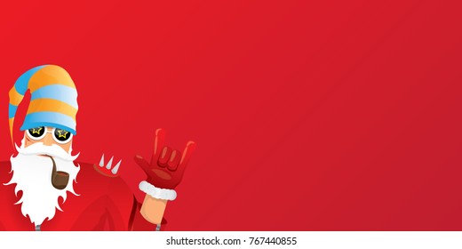 vector DJ rock n roll santa claus with smoking pipe, santa beard and funky santa hat isolated on red christmas horizontal background. Horizontal Christmas hipster party poster, banner or card.
