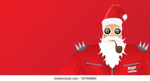 vector DJ rock n roll santa claus with smoking pipe, santa beard and funky santa hat isolated on red christmas horizontal background. Horizontal Christmas hipster party poster, banner or card.
