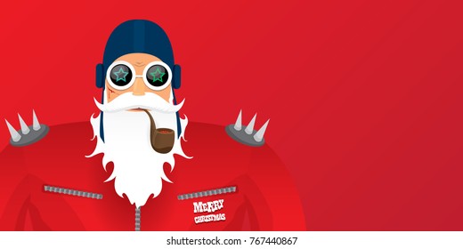 vector DJ rock n roll santa claus with smoking pipe, santa beard and funky santa hat isolated on red christmas horizontal background. Horizontal Christmas hipster party poster, banner or card.
