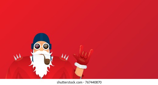 vector DJ rock n roll santa claus with smoking pipe, santa beard and funky santa hat isolated on red christmas horizontal background. Horizontal Christmas hipster party poster, banner or card.

