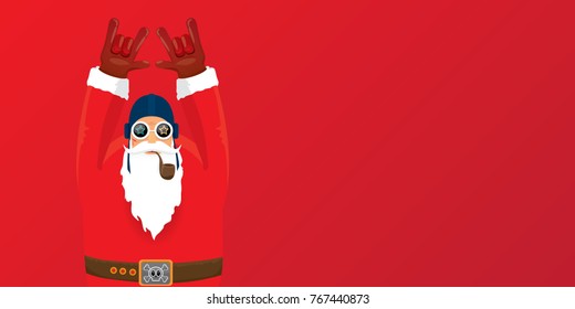 vector DJ rock n roll santa claus with smoking pipe, santa beard and funky santa hat isolated on red christmas horizontal background. Horizontal Christmas hipster party poster, banner or card.

