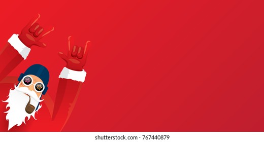 vector DJ rock n roll santa claus with smoking pipe, santa beard and funky santa hat isolated on red christmas horizontal background. Horizontal Christmas hipster party poster, banner or card.
