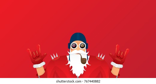 vector DJ rock n roll santa claus with smoking pipe, santa beard and funky santa hat isolated on red christmas horizontal background. Horizontal Christmas hipster party poster, banner or card.
