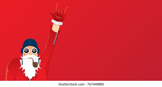 vector DJ rock n roll santa claus with smoking pipe, santa beard and funky santa hat isolated on red christmas horizontal background. Horizontal Christmas hipster party poster, banner or card.
