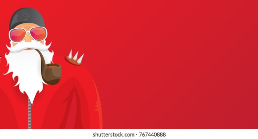 vector DJ rock n roll santa claus with smoking pipe, santa beard and funky santa hat isolated on red christmas horizontal background. Horizontal Christmas hipster party poster, banner or card.
