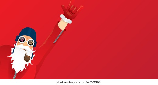 vector DJ rock n roll santa claus with smoking pipe, santa beard and funky santa hat isolated on red christmas horizontal background. Horizontal Christmas hipster party poster, banner or card.
