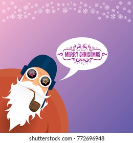 vector DJ rock n roll santa claus with smoking pipe, santa beard and funky santa hat on violet background. Christmas hipster poster for party or greeting card. vector bad santa xmas poster background