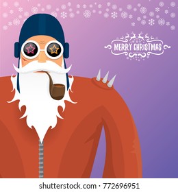 vector DJ rock n roll santa claus with smoking pipe, santa beard and funky santa hat on violet background. Christmas hipster poster for party or greeting card. vector bad santa xmas poster background
