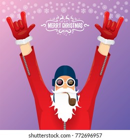 vector DJ rock n roll santa claus with smoking pipe, santa beard and funky santa hat on violet background. Christmas hipster poster for party or greeting card. vector bad santa xmas poster background