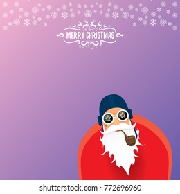 vector DJ rock n roll santa claus with smoking pipe, santa beard and funky santa hat on violet background. Christmas hipster poster for party or greeting card. vector bad santa xmas poster background