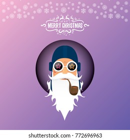 vector DJ rock n roll santa claus with smoking pipe, santa beard and funky santa hat on violet background. Christmas hipster poster for party or greeting card. vector bad santa xmas poster background