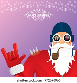 vector DJ rock n roll santa claus with smoking pipe, santa beard and funky santa hat on violet background. Christmas hipster poster for party or greeting card. vector bad santa xmas poster background