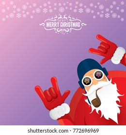 vector DJ rock n roll santa claus with smoking pipe, santa beard and funky santa hat on violet background. Christmas hipster poster for party or greeting card. vector bad santa xmas poster background
